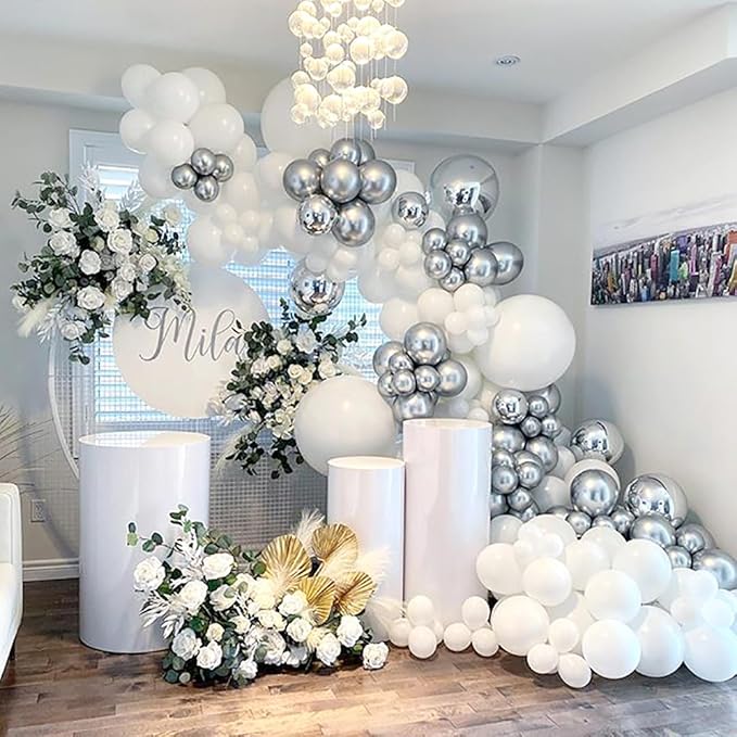 162pcs White and Silver Balloons Arch Kit, Different Sizes White Metallic Silver and Confetti Balloons for Winter Wonderland Wedding Baby Shower Birthday Party Decorations