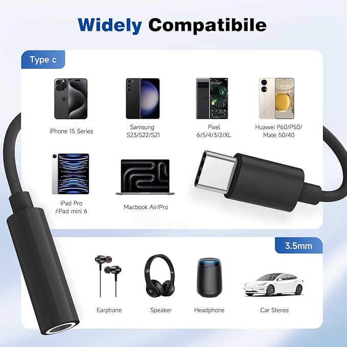 USB C to 3.5mm Headphone Jack Adapter for iPhone17/ iPhone 16/16 Pro/15/15 Pro/Pro Max/Plus, Type C Aux Audio Dongle Cable Cord Compatible with iPad, Samsung Galaxy S23/S23/S22/S21, MacBook（Black）
