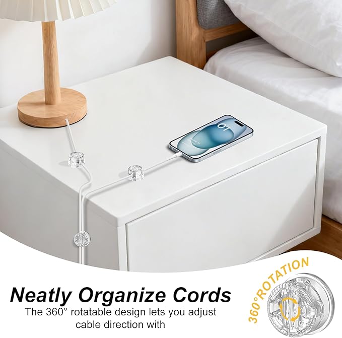 6 Pack Cord Organizer Magnetic Cable Clips, 360°Rotation Cable Clips - Adjustable Cord Holder for Nightstand, Adhesive Cable Management Cord Clips, Cable Holder & Charger Organizer（Clear）