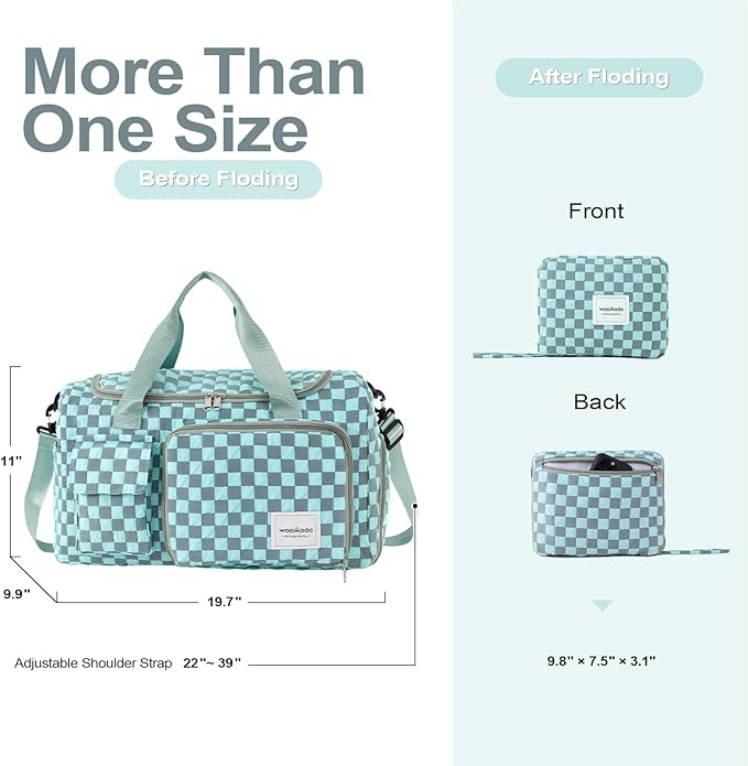 WOOMADA Foldable Travel Duffel Bag with Shoes Compartment, Overnight Bag with Wet Pocket & Trolley Sleeve, Weekender Bags for Women (turquoise checkerboard)