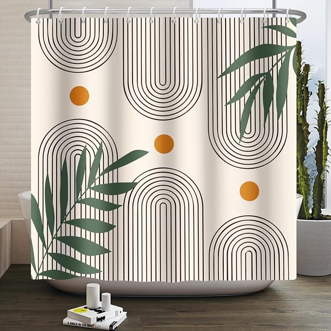 Boho Mid Century Shower Curtain Bohemian Minimalist Geometric Arch Sun Bathroom Curtain Sage Green Plant Polyester Shower Curtain Sets for Bathroom Extra Long 69x70 in with 12 Hooks