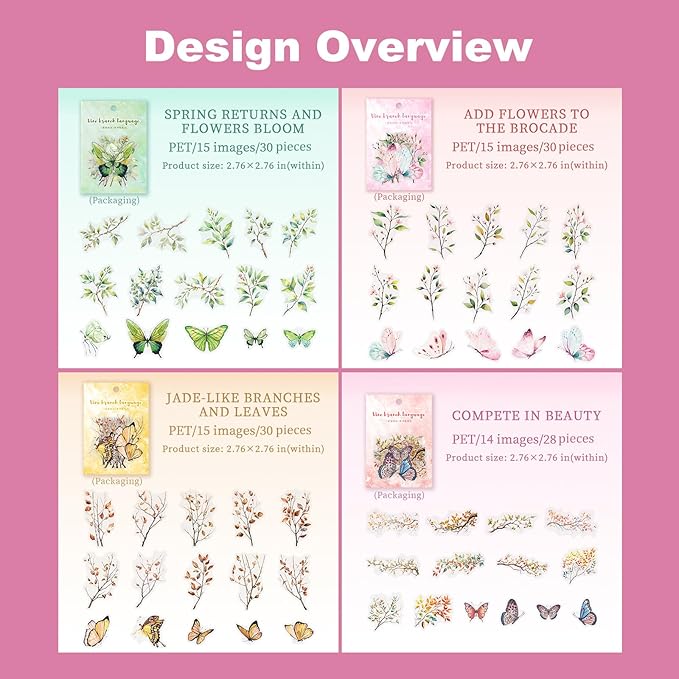 AuriicLeaf Butterfly and Branch PET Sticker Set, 118PCS Botanical Stickers for Scrapbooking, Journaling, DIY Crafts, and Planner Supplies