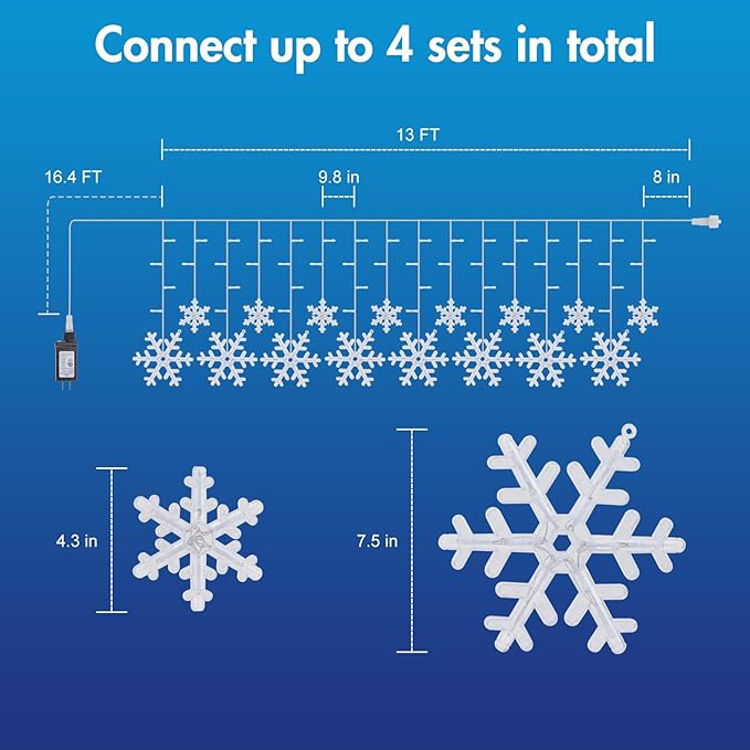 Minetom Christmas Snowflake Lights - 2 Pack 13 ft 192 LED Icicle Lights with 16 Drops, 12 Modes and Timer, IP65 Waterproof Connectable Christmas Light for House Eave Window Indoor Outdoor Decoration