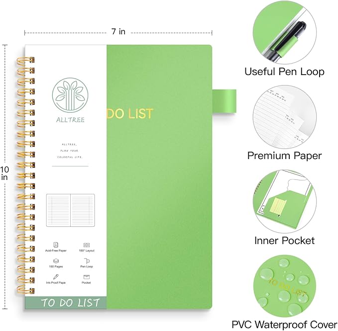 ALLTREE To Do List Notepad Spiral Planner, Daily Task Tracker with Wide Lined Notebooks, Work Planner with Pocket, Pen Loop, 160 Pages, Green (7"x10")