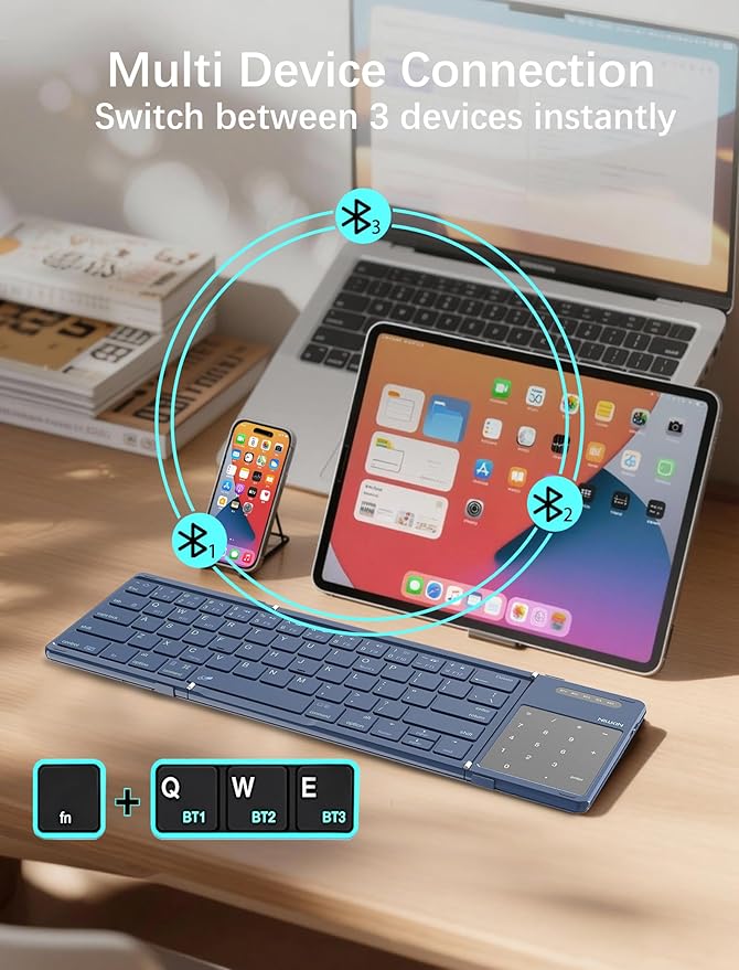 Nillkin Upgraded Foldable Bluetooth Keyboard with Touchpad & Number Pad, Portable Wireless Keyboard for Travel, Pocket-Sized, Full Size Keys, Support 3 Devices for iPad Laptop Tablets Phone, Blue