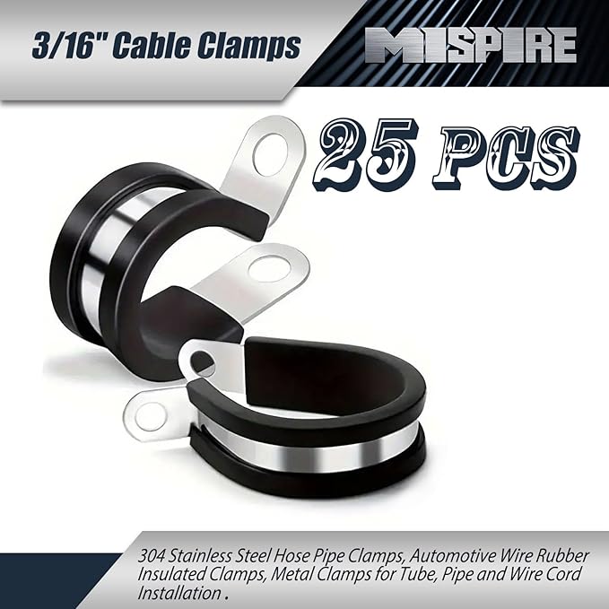 25 Pack 3/16 inch Cable Clamps, MISPIRE Stainless Steel Hose Pipe Clamps, Automotive Wire Rubber Insulated Clamps, Metal Clamps for Tube, Pipe and Wire Cord Installation