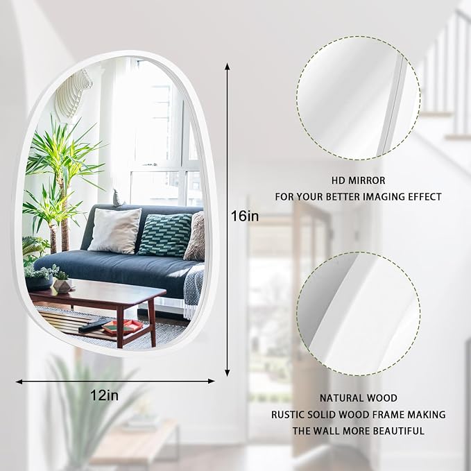Asymmetrical Wood Frame Bathroom Mirrors for Wall Unique Irregular Oval White Mirror Modern Living Room Bedroom Vanity Entryway Hallway Decorative Artistic Hanging Wall Mirror 16"x12" White