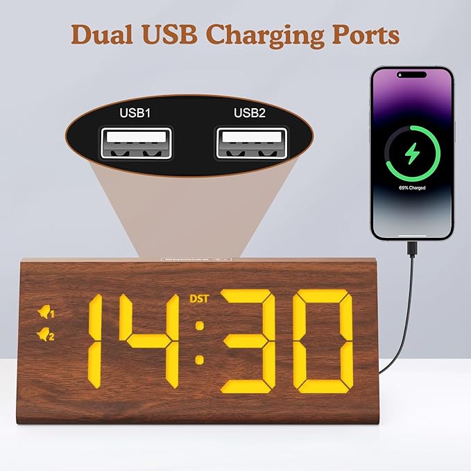 fomobest Wooden Digital Alarm Clock with Dual USB Charging Ports, DST, Dimmable, Snooze, Modern Large Time Display LED Clock for Kids Bedrooms, Living Room, Desk, Table, Bedside, Nightstand (Brown)