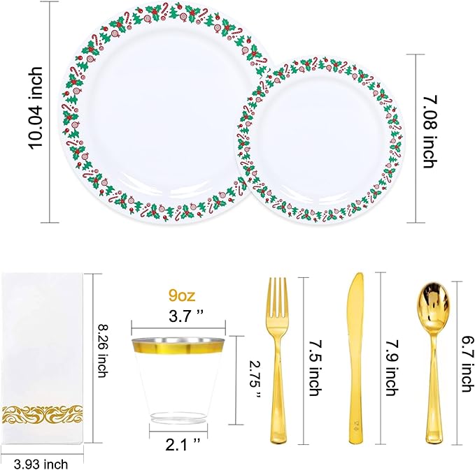 175pcs Christmas Party Supplies - 25 Plastic Plates, 25 Gold & Silver Disposable Plastic Silverware, Clear Gold Cups for Christmas
