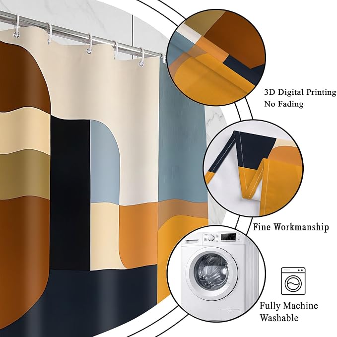 Brown Mid Century Shower Curtain, Abstract Geometric Modern Pattern, Navy Blue and Yellow Boho Bathroom Decor, Retro Art Waterproof Fabric Bath with Hooks, 90x70 Inch
