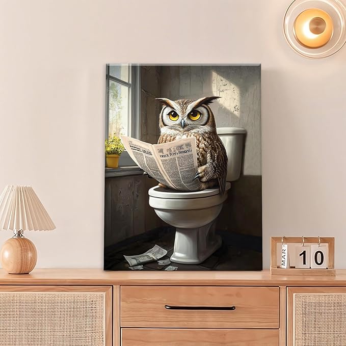 Owl Bathroom Wall Art, Funny Owl Toilet Pictures Wall Decor, Bird Canvas Prints, Animal Painting, Framed Artwork for Bathroom Living Room Bedroom Office Dining Room 16"X12"
