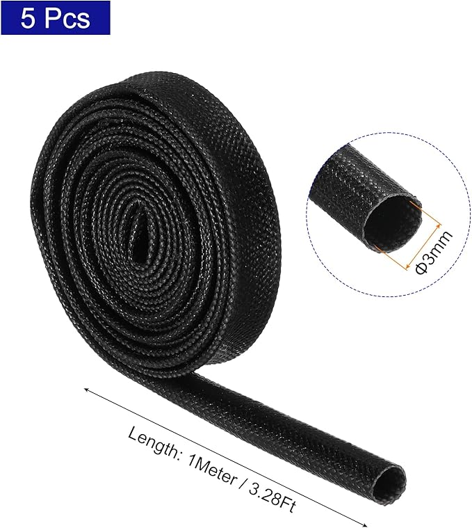 MECCANIXITY 5Pcs Wire Insulation Braid Fire Sleeve,3.28Ft-3mm ID Black, High Temp Silicone Coated Fiberglass Sleeving for Automotive Hose Lines Electrical Wiring