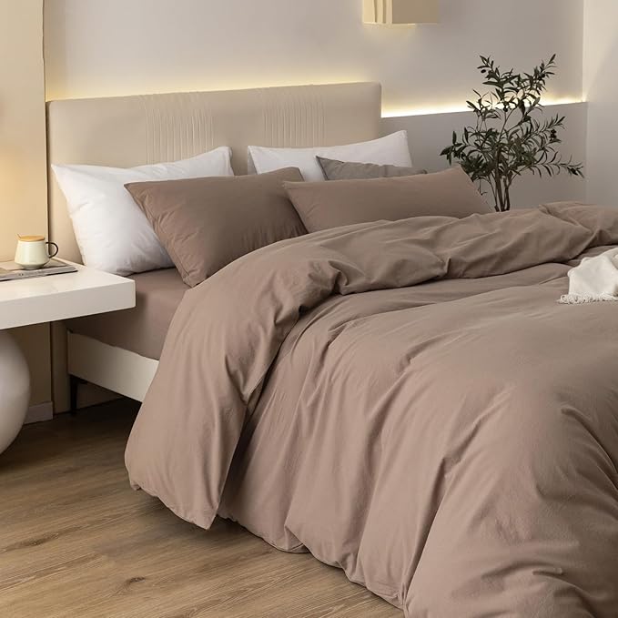 JIYUAN 100% Washed Cotton Duvet Cover Set 2 Pieces Twin, 1 Duvet Cover 68x90 Inches(Comforter Not Included) and 1 Pillowcases,Linen Feel Bedding Set Comfy and Breathable,Light Brown