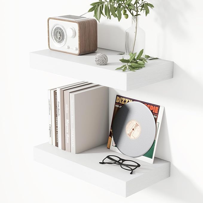 Heimlove 16 Inch Floating Shelves for Wall White Shelves Set of 2,Wall Mounted Rustic Wood 8 Inch Deep Floating Shelf with Invisible Brackets for Bedroom Kitchen Living Room