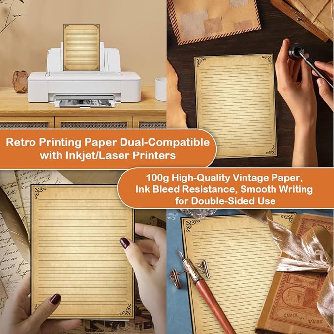 Vintage Lined Paper with Antique Border Design, 200 Sheets, Stationary Paper for Writing Letters, 100gsm, 11 x 8.5'', Aged Stationery for Writing Letters, Invitations, Stationery Writing Papers