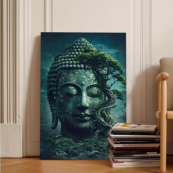 Buddha statue wall art canvas wall decor aesthetic picture mystical nature art for tranquil home and spiritual space 16x24in Wood Framed