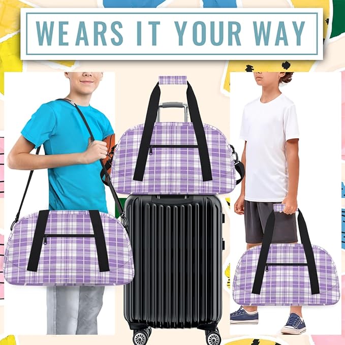 Purple White Plaid Pattern Sports Duffel Bags, Water-Resistant Gym Duffle Bag for Men Women, Lightweight Weekender Overnight Bag for Fitness, Workout, Travel