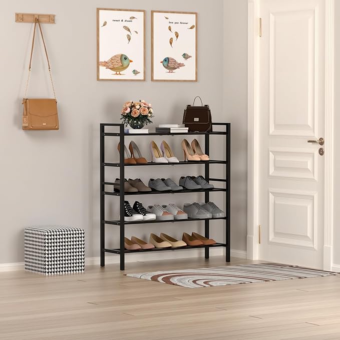 Haddockway Bamboo Shoe Rack for Closet, Free Standing Shoe Organizer with Smooth Round Rods & Convenient Handles, Stackable Shoe Storage Shelf for Entryway, Hallway(Black, 5-Tier)