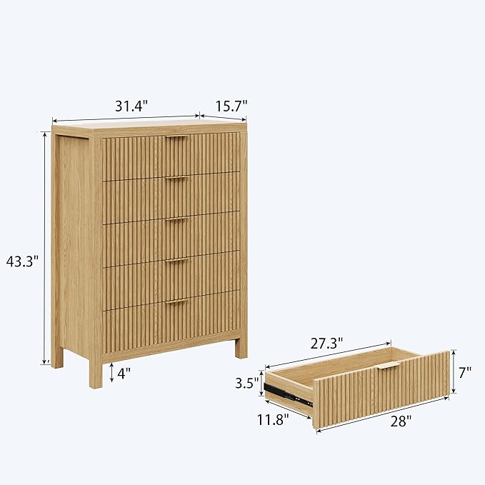 JZXSHD 5 Drawer Dresser, 43" Tall Dresser Organizer TV Drawer Cabinet Modern Wood Storage Cabinet, Modern Wood Storage Cabinet for Bedroom, Hallway, Entryway, Natural X 2