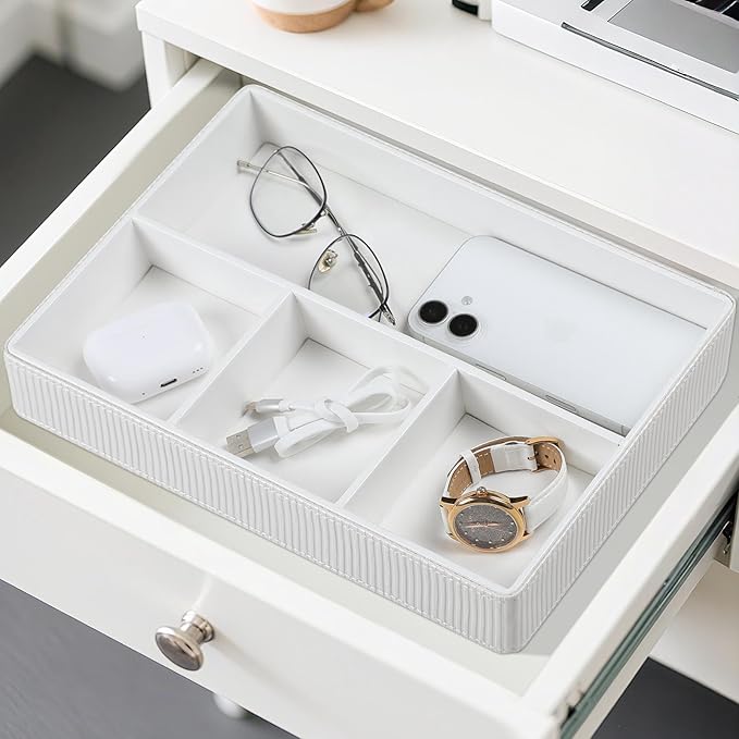 NICLNGSH PU Leather Valet Tray, Decorative Trinket Vanity Desk Drawer Organizer Tray, Perfume Dish Catch All Bowl for Keys, Nightstand Drawer Organizer Women Men with 4 Compartments (Cream-White)