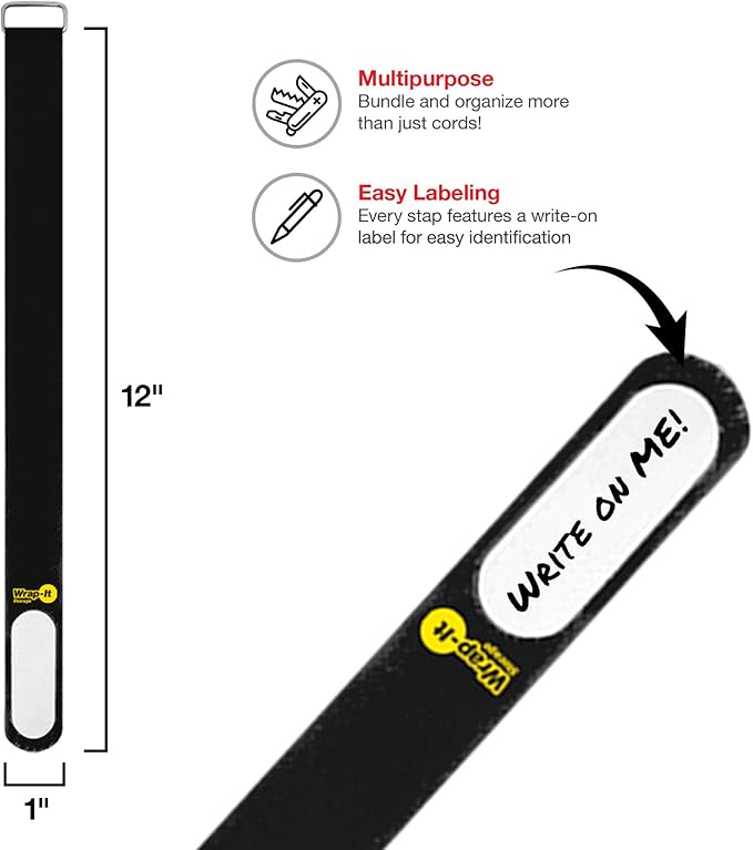 Wrap-It Storage Cinch-Straps, 12-in (16-Pack) Black - Hook and Loop Strap with Write on Label for Easy Cord Identification and Cable Management