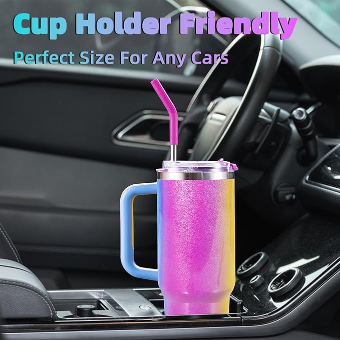 40 oz tumbler with handle and straw,Double Wall Vacuum Reusable Stainless Steel Insulated Water Bottle,With Leak Proof lid and Straw for Iced or Cold Beverages (Carnival)