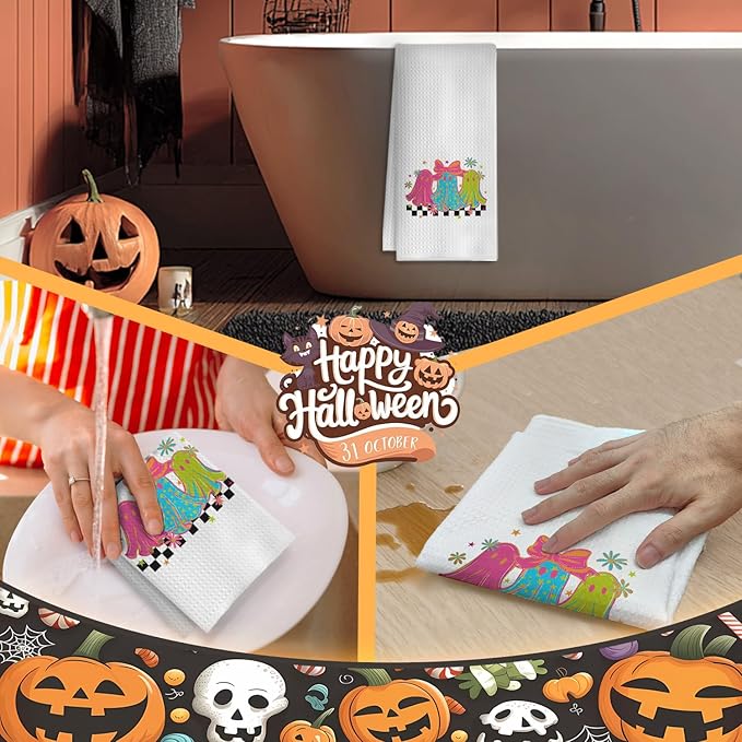 Halloween Ghost Kitchen Towels, Coquette Pink Bow Ghost Dish Tea Towels for Kitchen Decor, Trendy Spooky Halloween Decorative Hand Towel for Bathroom, 16x24 Inches