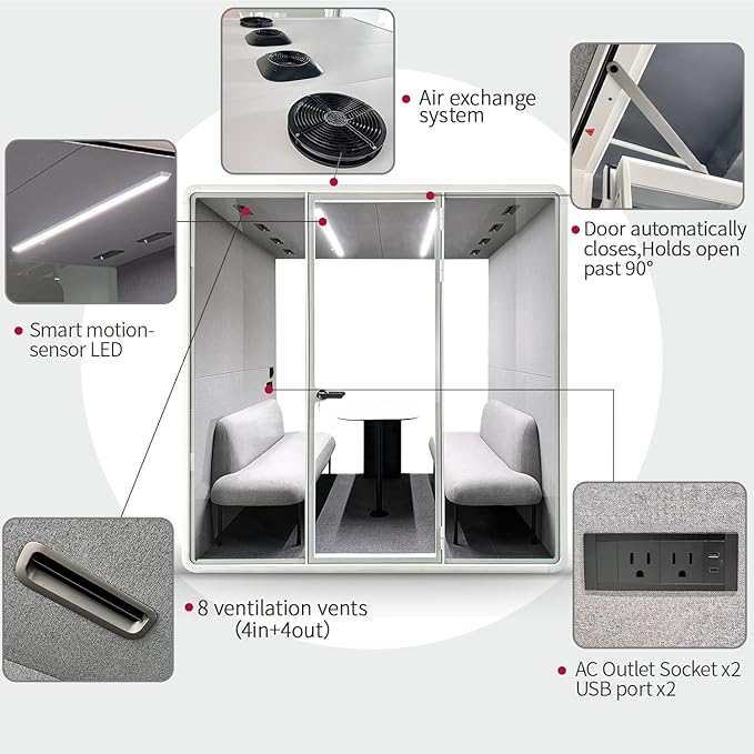 Soundproof Office Pod Booth, Quiet Meeting Pod with Sound Insulation Panels, 4 People Sound Proof Phone Booth with Desk, Movable Working Booth for Private Phone Calling, L Size H92in W92in D70in