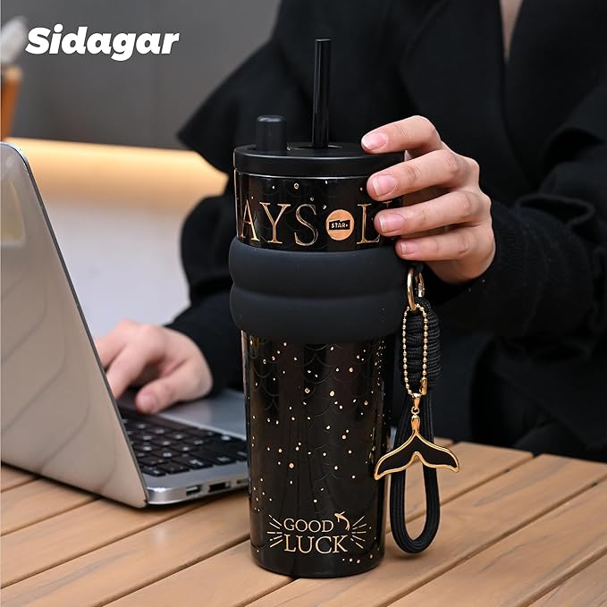 24 oz Tumbler with Lid and Straw, Insulated Coffee Mug Leak Proof, Portable Iced Travel Water Bottle, Reusable Thermal Coffee Cup, Gifts for Women, Mystic Black