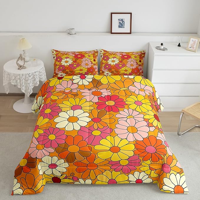 Castle Fairy Bohemian Flowers Comforter Set Full Size,70s Floral Bedding Comforters for Girls Teens,Hippie Retro Groovy Botanical Down Comforter with 2 Pillowcases,Chic