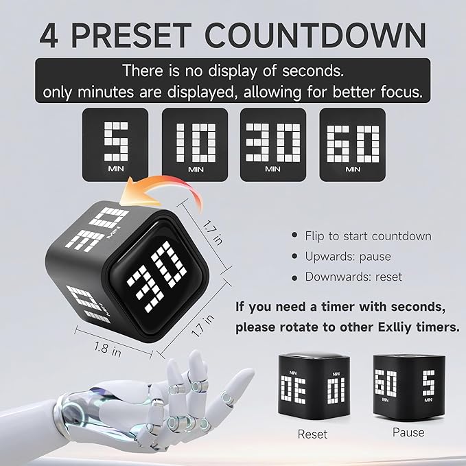 Exlliy Rotating Productivity Timer 5, 10, 30, 60 Minutes Preset, Desk Cube w/Gravity Sensor for ADHD, Mute Functions, Ideal for Work, Study, Kitchen, Back to School (Black)