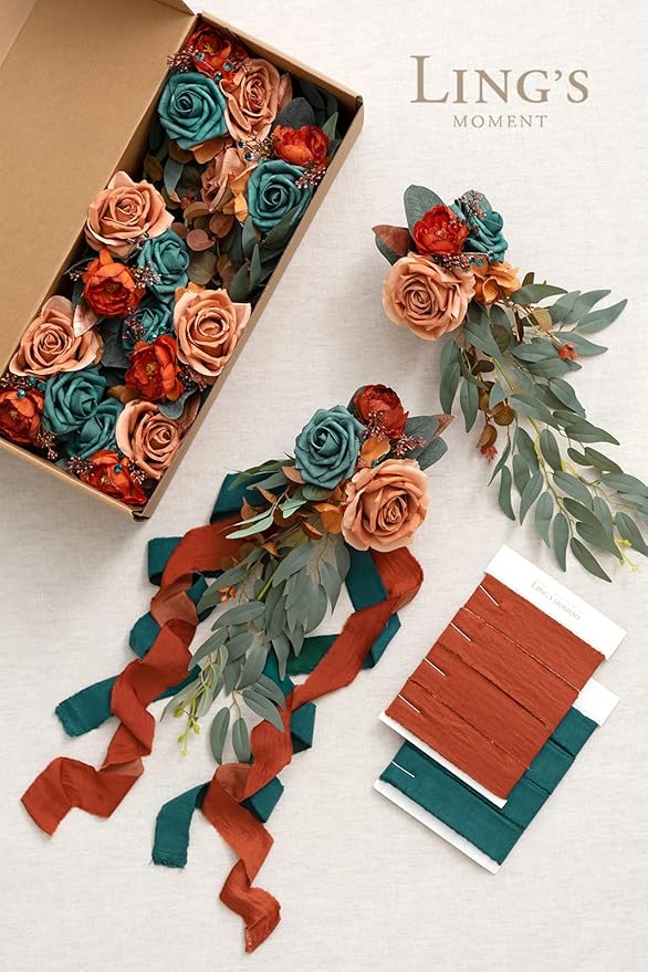 Ling's moment 8pcs Wedding Artificial Aisle Pew Flowers Chair Decorations Arrangements with Chiffon Ribbons Burnt Orange for Ceremony Chair Back Floral Decor Reception Church Party Outdoor