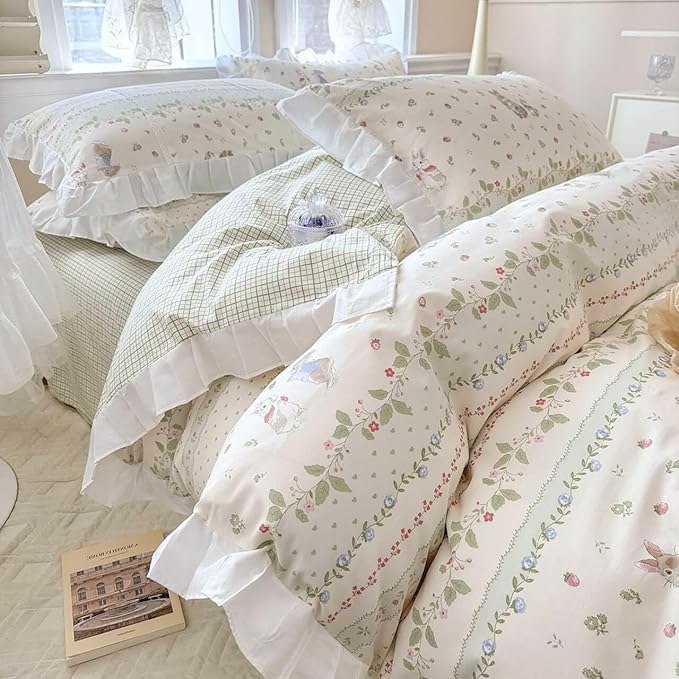 Ruffle Floral Comforter Girls Flower Comforter Set Queen Aesthetic Leaves Floral Bedding Comforter with Cute Rabbit Reversible Green Plaid Comforter Princess Bedding Botanical Comforter Set