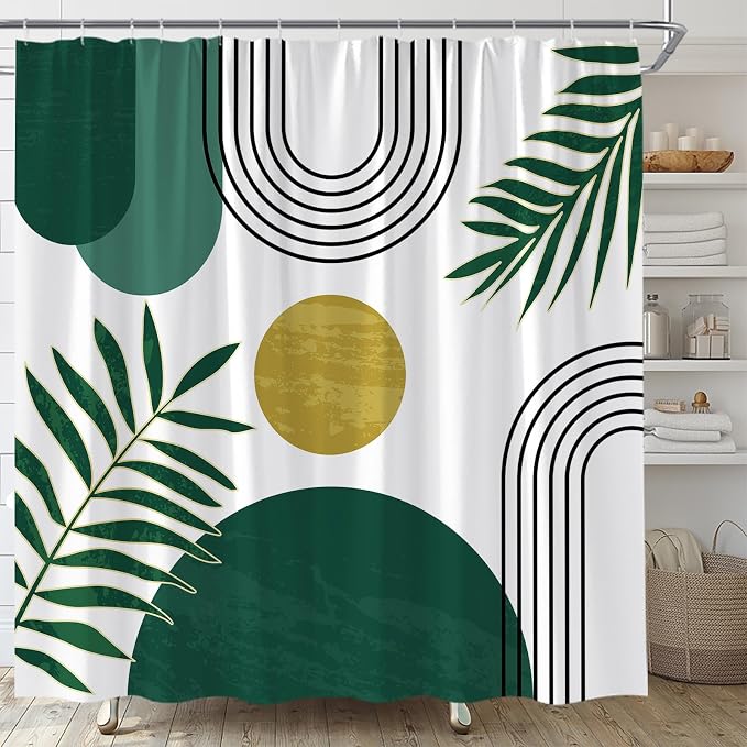 Mid Century Modern Shower Curtain Boho Green Abstract Retro Aesthetic Fabric for Bathroom Decor Bathtub with Hooks (70" WX78 H)