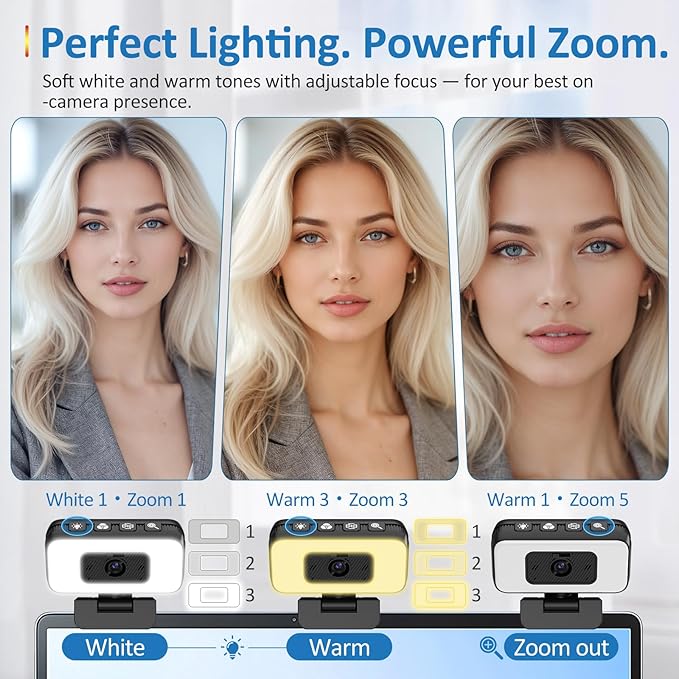 Danyesth 2K Webcam for Laptop, Computer Camera with Light for PC/Desktop/Mac [Light Your Face, Free Your Space] USB Webcam with Auto Anti-Disturb Backlight, Zoom & Flip, Privacy Cover, Microphone