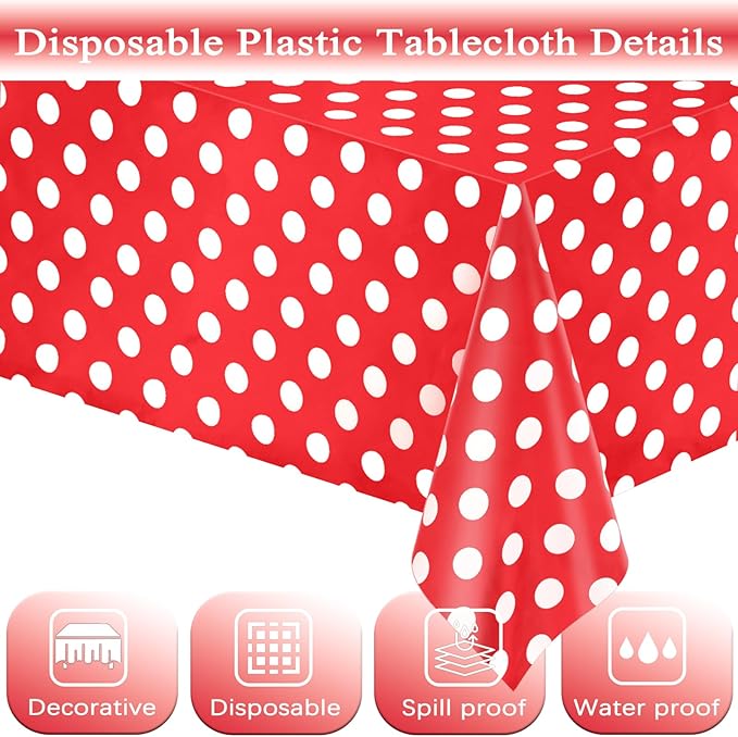 WNINK 2 Pack Red and White Polka Dot Tablecloths – Disposable Plastic Waterproof Table Cover, 54" x 108", for Birthday, Wedding, Bridal Shower, Bachelor Party, and Picnic