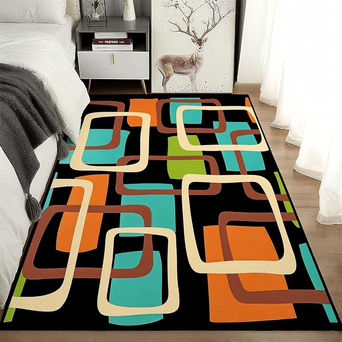 Mid Century Modern Rug, Colorful Abstract Geometric Area Rug, Retro Atomic Starburst Rugs, Washable Non-Slip Soft Low Pile 1950s Carpet for Living Room, Bedroom (4' x 6'(Rectangular))