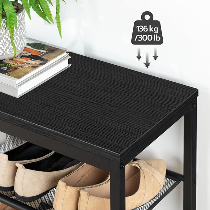 HOOBRO Shoe Bench, 3-Tier Shoe Rack, Industrial Shoe Organizer Storage Bench, 29.5 inches Entry Bench with Mesh Shelves, for Entryway, Living Room, Hallway, Easy Assembly, Black BB75HX01