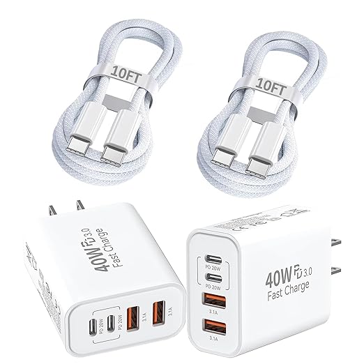 iPhone 17 16 Charger,4-Port USB C Charger Block Fast Charging 2Pack 40W Apple Wall Charger with 10FT USB C to C Woven Braid Cable Cord for iPhone 17 Pro Max/17 Pro/17/Air/16e/16 Pro Max/16 Plus/15