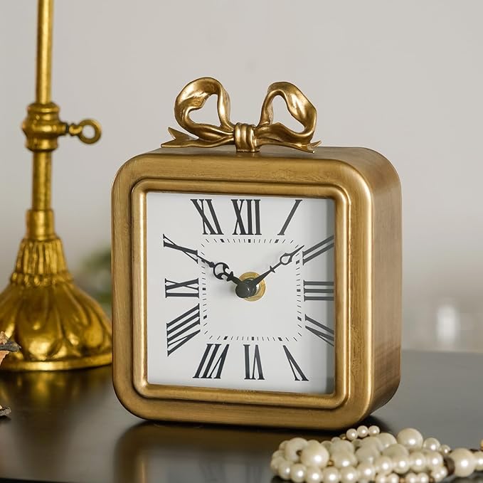 NIKKY HOME Gold Table Clocks, Table Clock Decor with Bow Metal Desk Clock Vintage Desk Clocks Silent Non-Ticking Battery Operated Decorative Shelf Clock for Living Room Bedroom