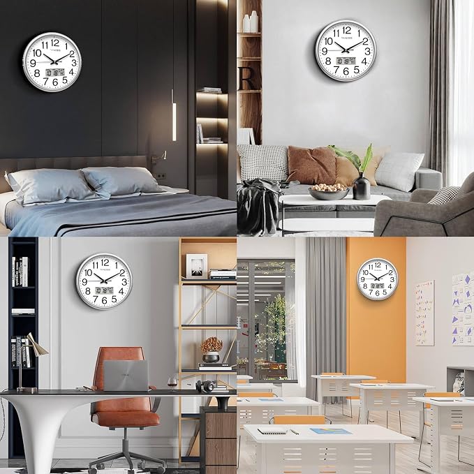 TIMESS Wall Clock, 16 Inch Non-Ticking Silent Battery Operated Quartz Analog with LCD Display for Perpetual Calendar and F° Temperature, Ideal Modern Home, Bedroom, Kitchen, Office Décor (Sliver)