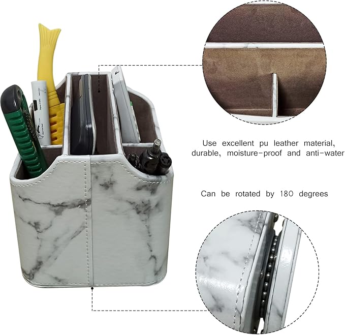 RHCSZ PU Leather Remote Control Holder 360 Degree Rotating Desk Organizer/Caddy Storage Box for Remote Controllers,TV Guide, Mail, Electronics,Pen,Stationery and Media Storage white
