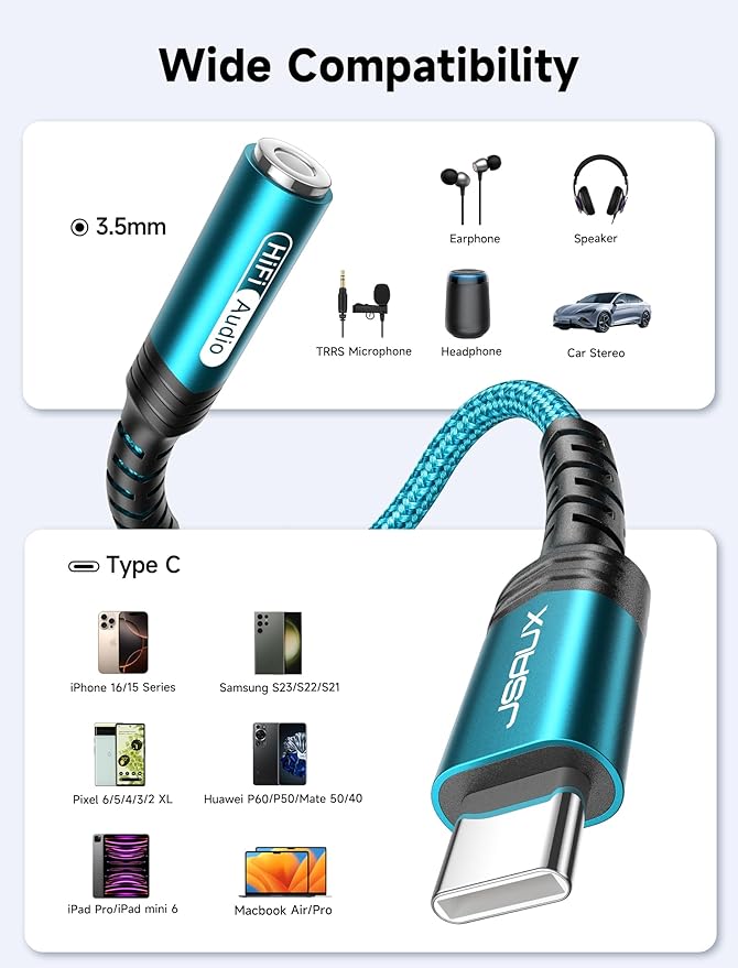 USB Type C to 3.5mm Female Headphone Jack Adapter, JSAUX USB C to Aux Audio Dongle Cable Cord Compatible with iPhone 16 Pro Max/15 Pro/15 Plus, Samsung Galaxy S23/S22/S21 Ultra, iPad Pro, Pixel -Green