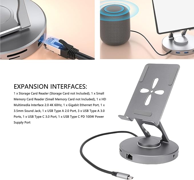Zopsc USB C Docking Station, 11-in-1 Tablet Stand with 4K HDMI, 100W PD, Gigabit Ethernet, 4 USB Ports, Card Reader, Adjustable for Laptops, Tablets, Steam Deck and Smartphones