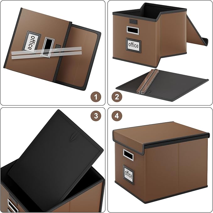 Huolewa Faux Leather File Organizer Box with Lid, Collapsible Hanging File Folder Box Organizer with Plastic Slides, Decorative Home/Office Filing System Boxes for File and Folder Storage-Brown