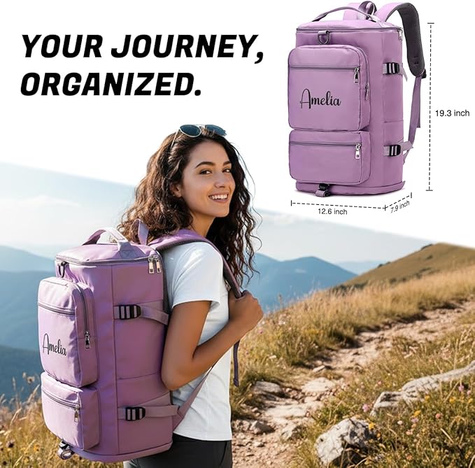Personalized Sports Duffel Bag, 35L Custom Embroidered Gym Backpack for Men Women, Travel Weekender Bag with Shoe & Laptop Compartment, Carry On Overnight Workout Bag(Pink)