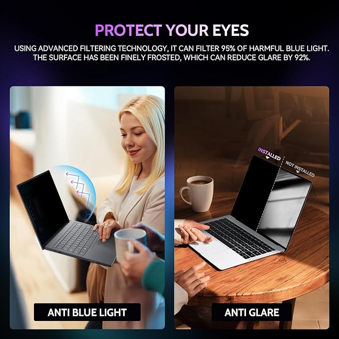 Peslv 360° 4 Way Laptop Privacy Screen for 14 Inch 16:10 Aspect Ratio Computer Monitor, Anti Glare Blue Light Spy Filter Private Cover, Bubble-Free Black Security Protector