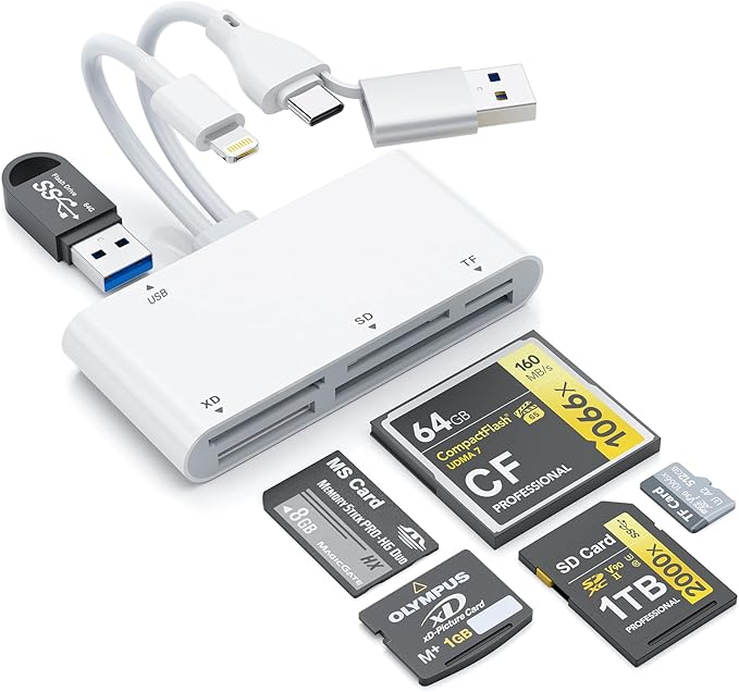 Memory Stick Pro Duo Adapter for iPhone/iPad with Lightning, Type-C, and USB-A Connectors; Compatible with MS/XD/CF/TF/SD Cards; Multi-Card Reader for Windows, Mac, Android, iPhone/iPad