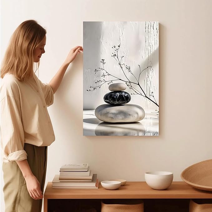 Gray and black stone pile and dried flowers poster canvas wall art in harmony Minimalist wall art for tranquil homes and mindful spaces 12x18in Frameless