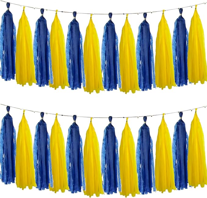 Navy Blue and Yellow Tissue Paper Tassels Party Tassel Garland Banner for Blue Yellow Party Decorations, DIY Kits,20PCS